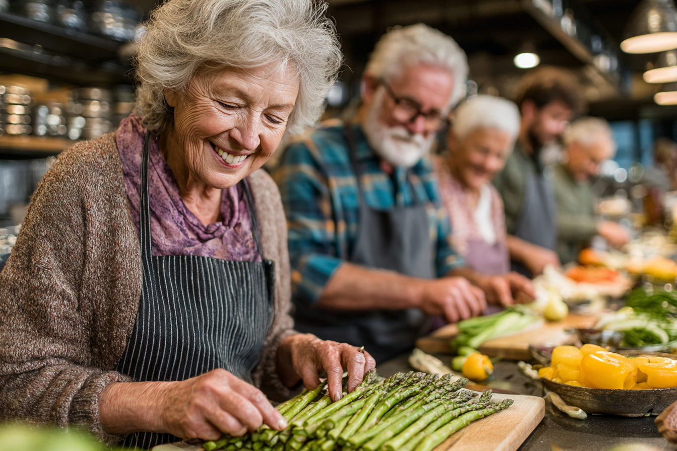 Старша пара готує здорову їжу разом на сучасній кухні